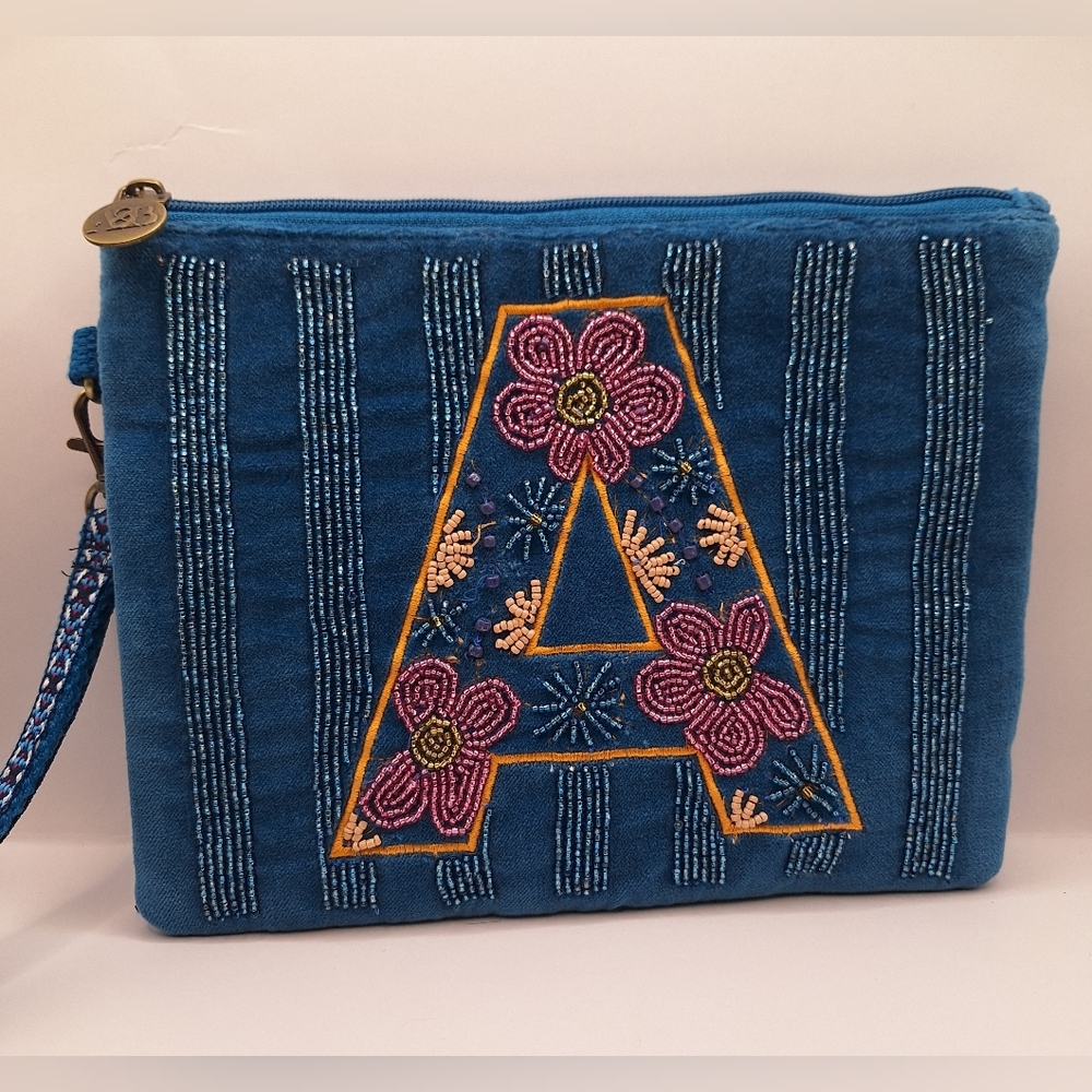 America & Beyond Beaded Initial “A” Wristlet Clutch Blue Floral Embroidery Boho
